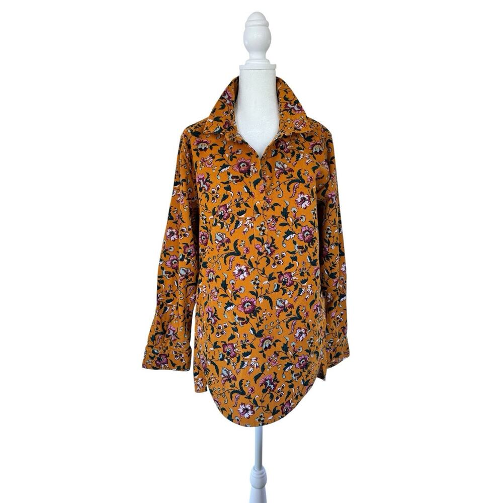 Garnet Hill Floral Print, lightweight corduroy Blouse, Mustard, Medium, Cotton